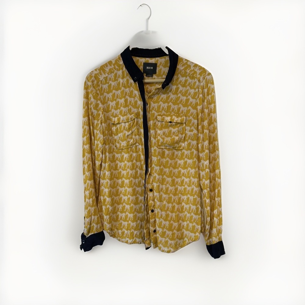 Maeve Anthropologie Horse Print Blouse Women Size S Yellow Button Down Shirt